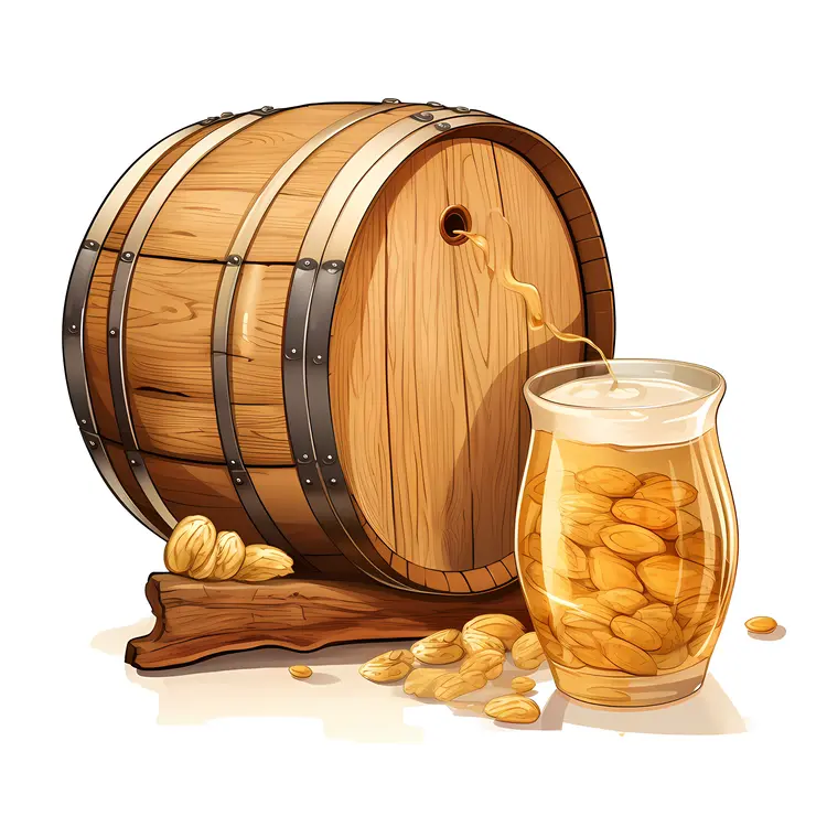 Wooden Barrel with Nuts and Glass of Liquid