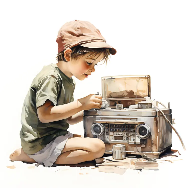 Boy Fixing a Vintage Radio