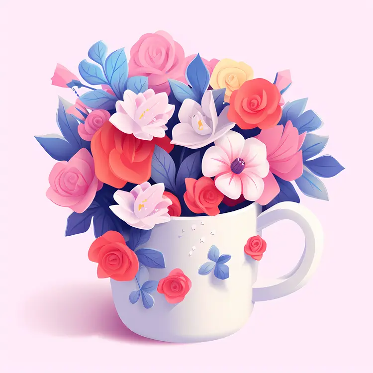 Pink and Blue Flowers in Mug Illustration