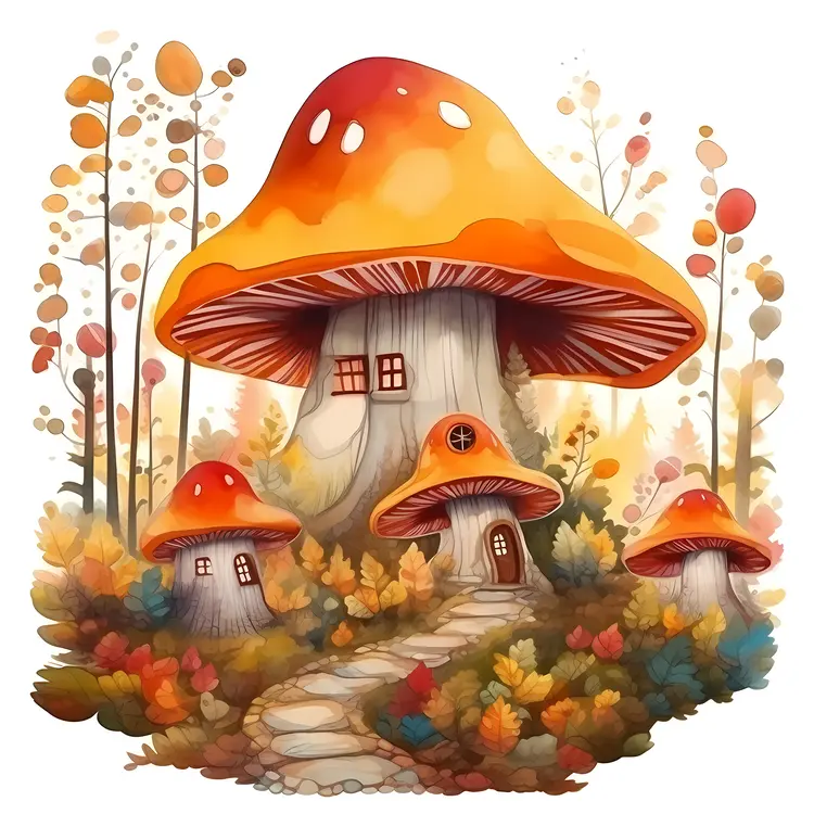 Small cute mushroom house with autumn leaves