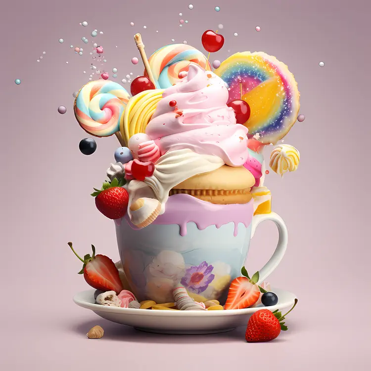 Colorful Dessert Cup with Ice Cream and Lollipops
