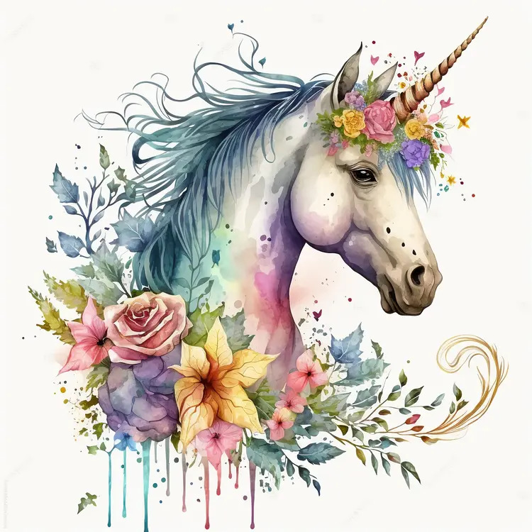 Beautiful Unicorn with Floral Wreath in Watercolor Style