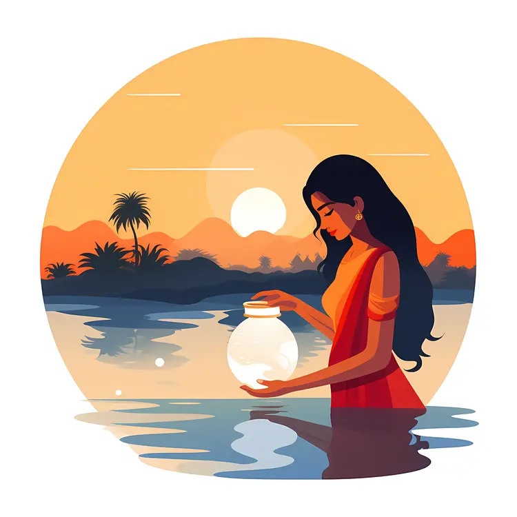 Woman Holding Jar at Sunset by the Water