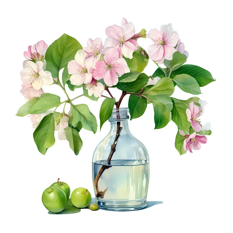Apple Blossoms in Glass Bottle with Green Apples