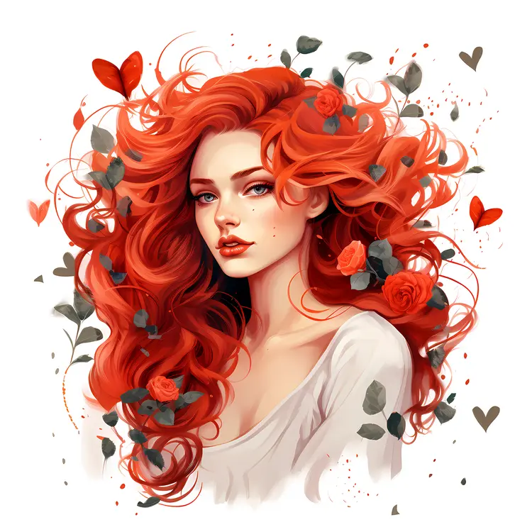 Girl with Red Curly Hair and Roses