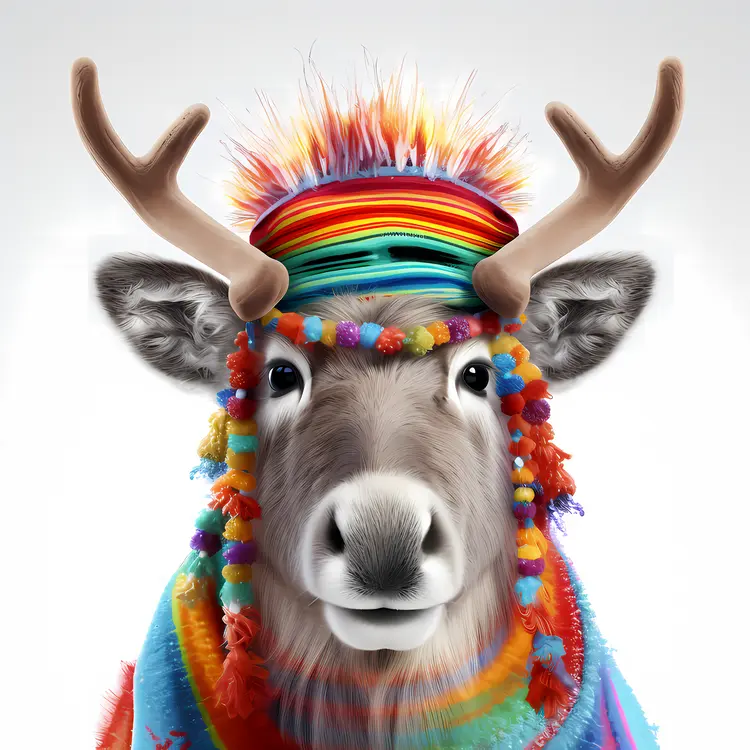 Colorful Reindeer with Rainbow Hat