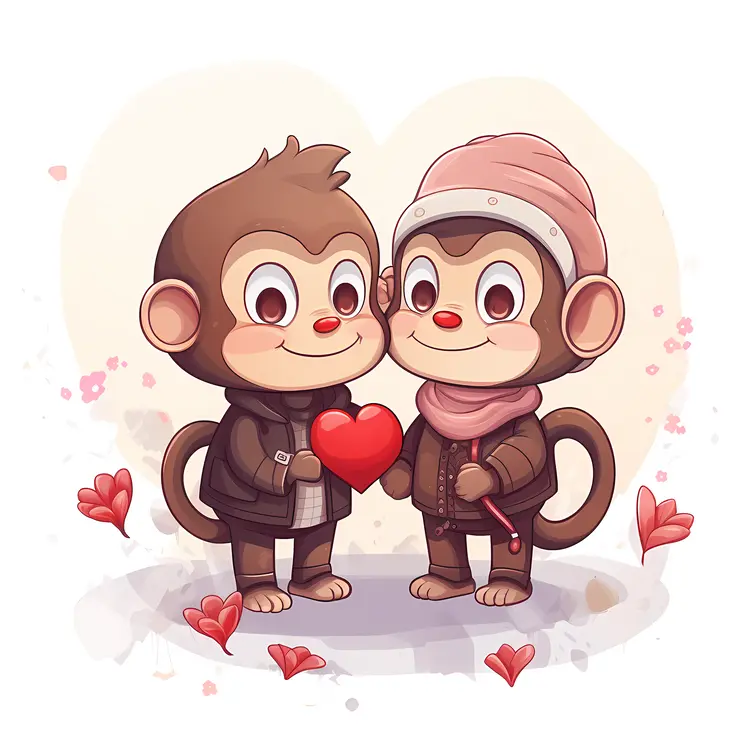 Cute Monkeys with Hearts and Clothes