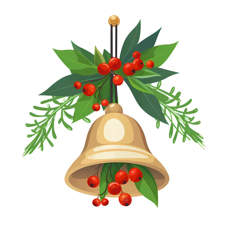 Christmas Bell with Holly Leaves and Red Berries