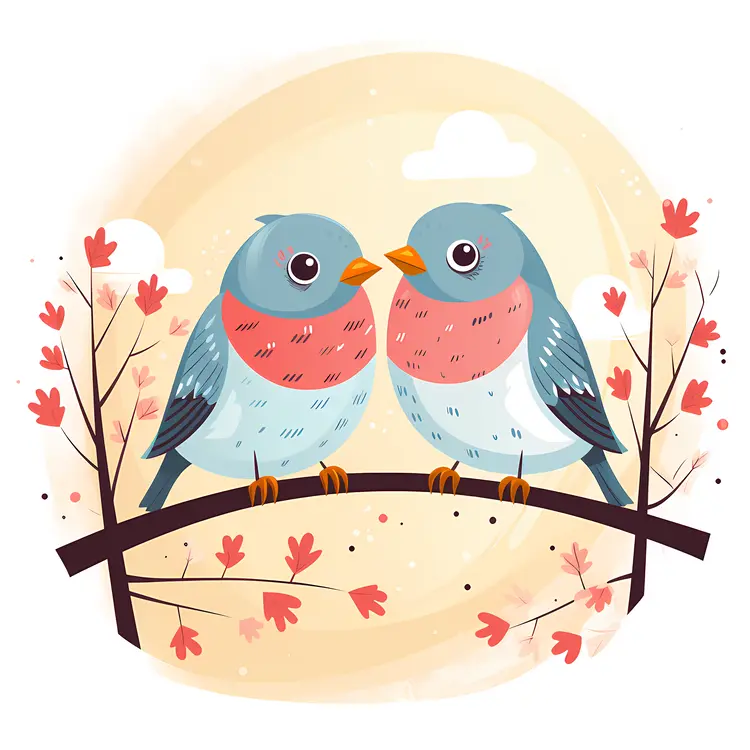 Two Blue and Pink Birds on a Branch