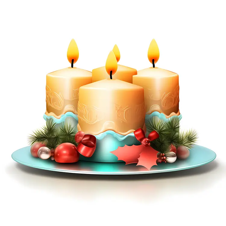 Orange Candles with Pine and Red Ornaments