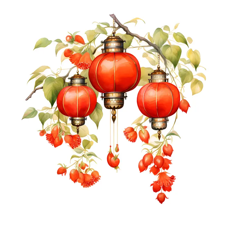 Three Red Lanterns with Flowers for Chinese New Year