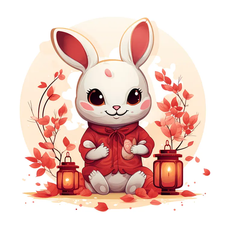White Rabbit with Lanterns in Red Outfit