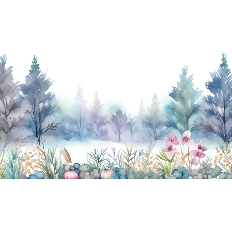 Winter Forest with Blue Trees and Flowers