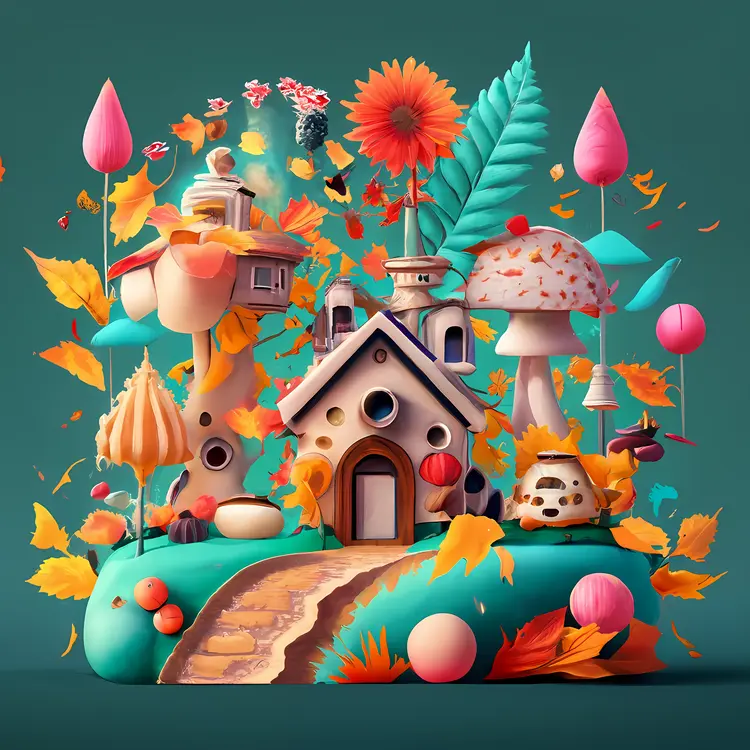 Cute House with Mushrooms and Flowers