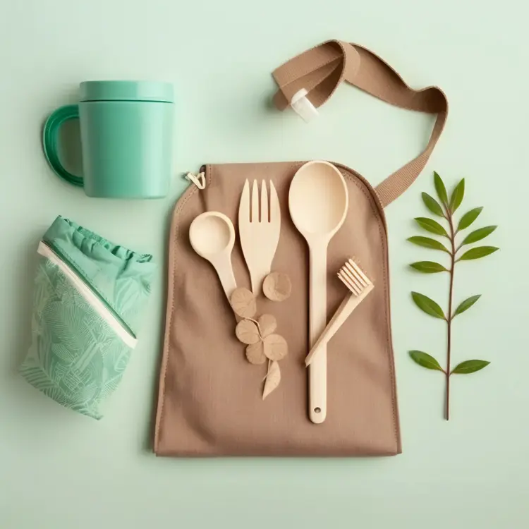 Eco-friendly Wooden Utensils Set with Green Mug and Leaf
