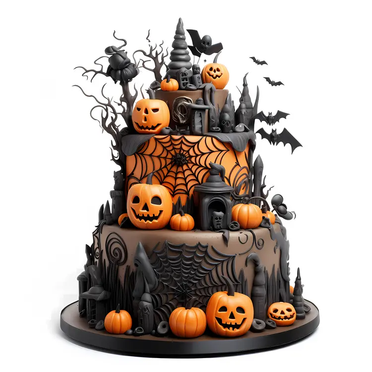 Halloween Cake with Pumpkins and Spider Webs