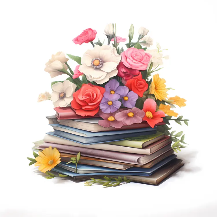 Colorful Flowers on a Stack of Books