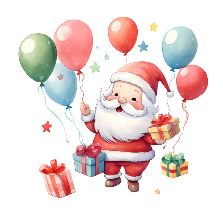 Santa Claus with Balloons and Gifts
