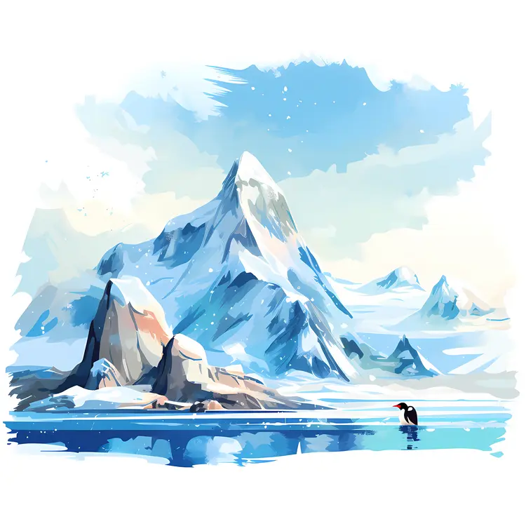 Penguin on Iceberg in Snowy Landscape