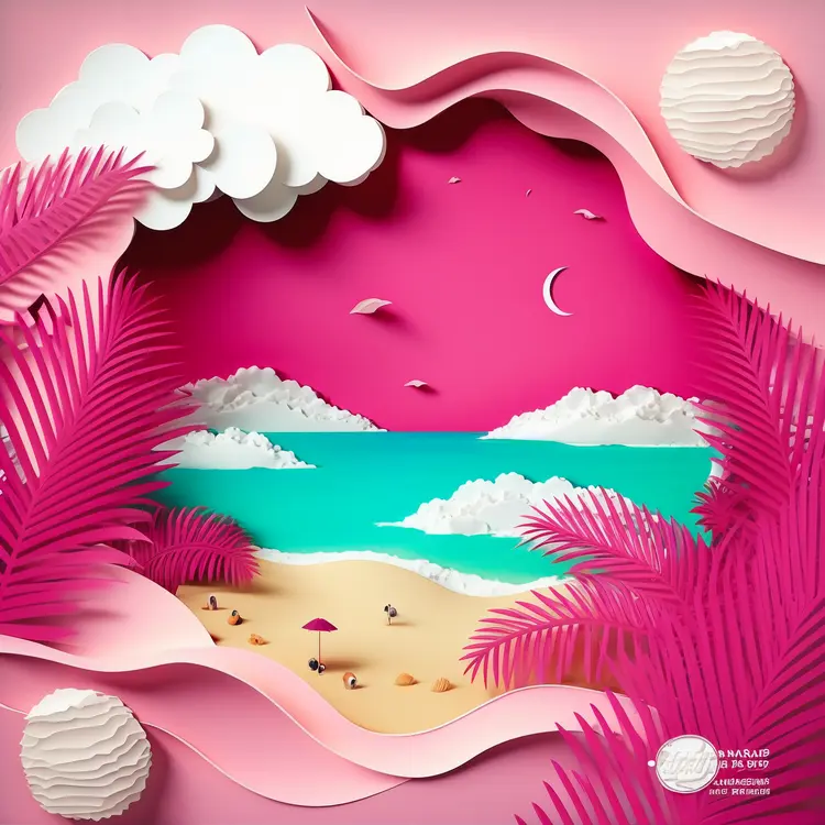 Colorful Beach Scene with Pink Palm Trees