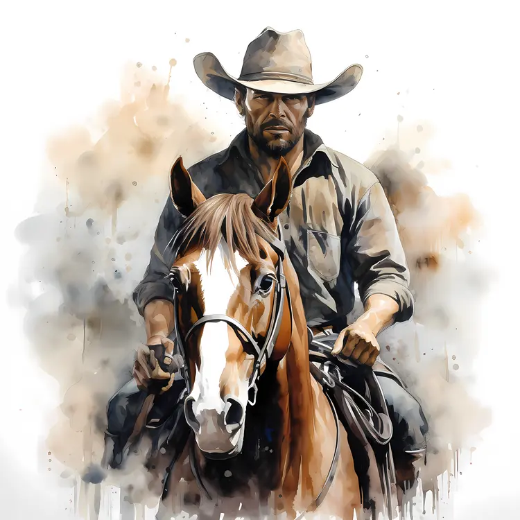 Cowboy Riding a Horse in Watercolor Style