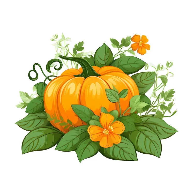 Orange Pumpkin with Leaves and Flowers