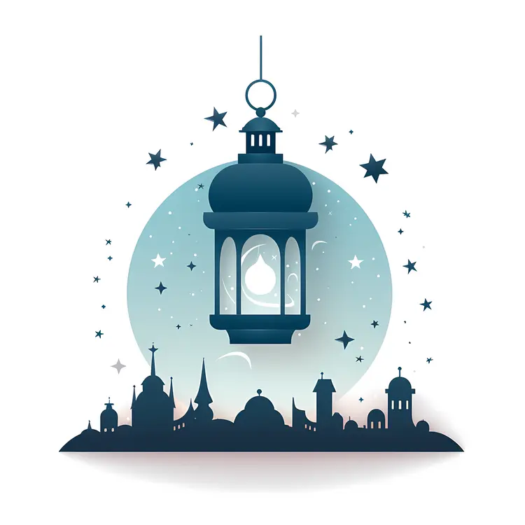 Blue Hanging Lantern with Cityscape for Ramadan