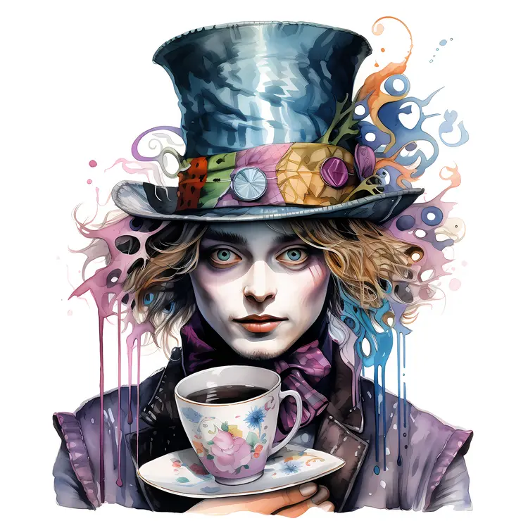 Mad Hatter with Colorful Hat and Teacup