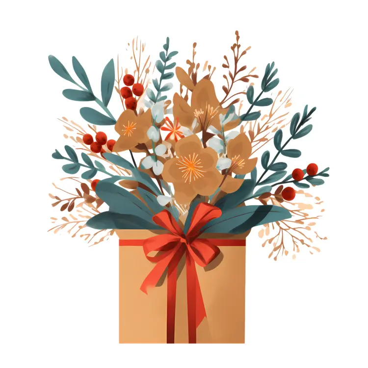 Beautiful Gift Box with Flowers and Leaves