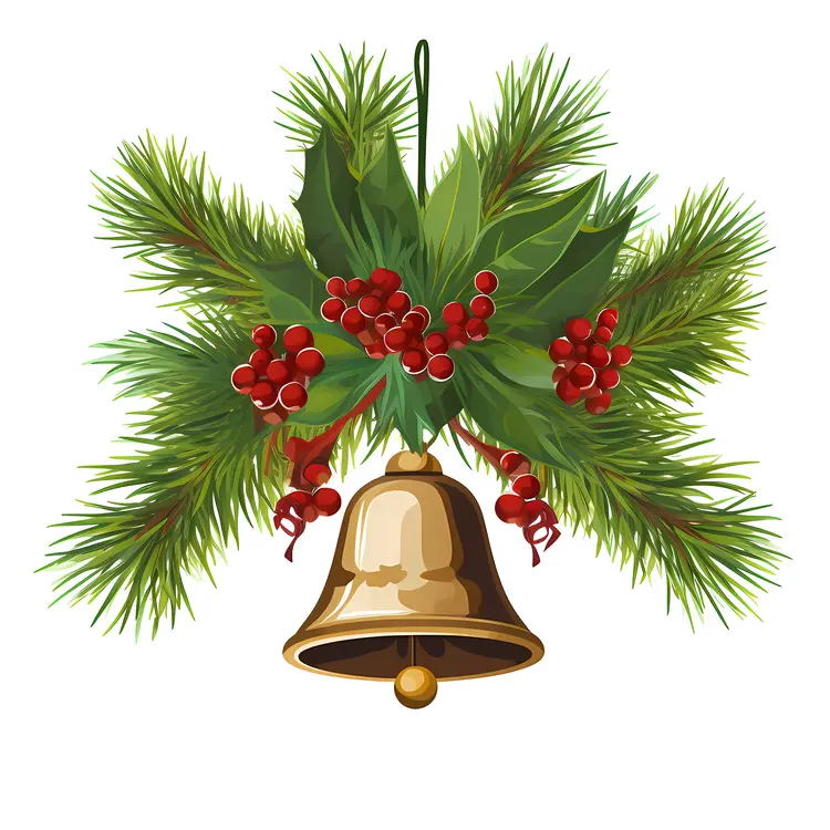 Christmas Bell with Pine Branches and Red Berries