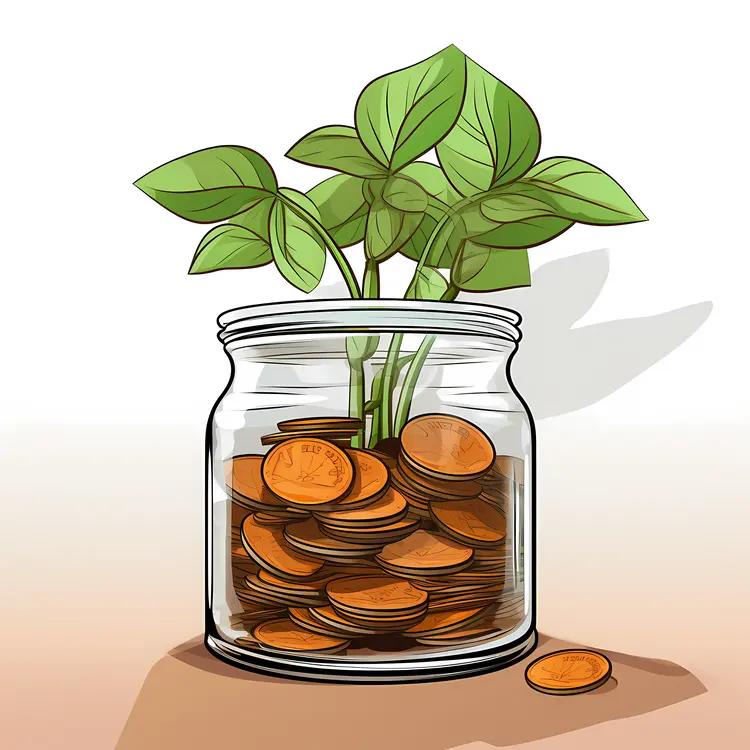 Jar of Coins with Growing Plant Symbolizing Investment