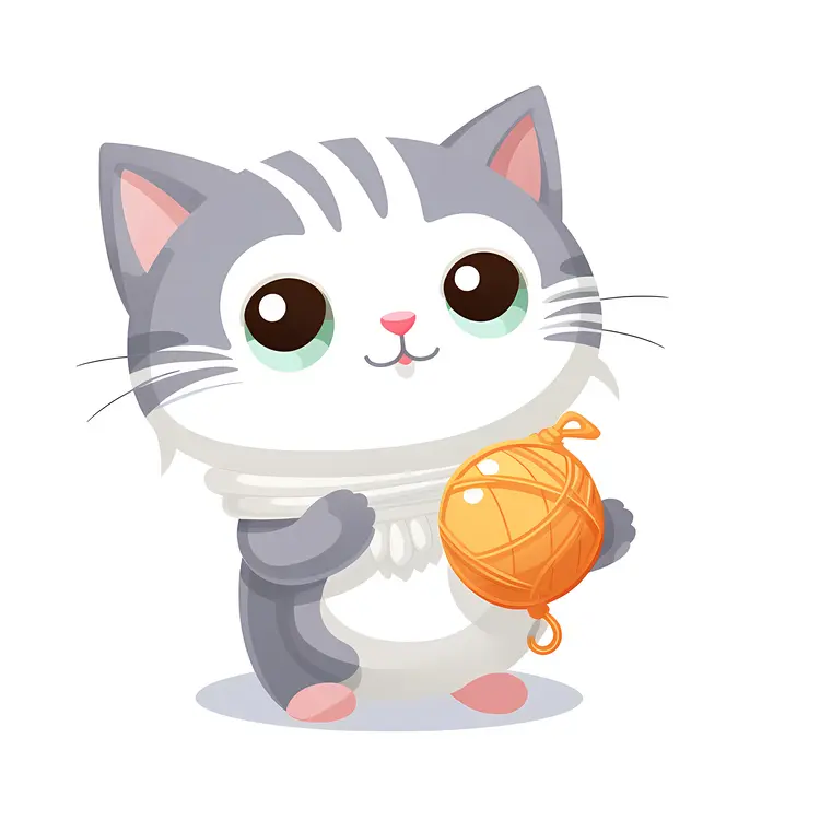 Cute Cartoon Cat with Yarn Ball