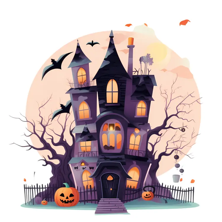 Haunted House with Creepy Trees and Pumpkins