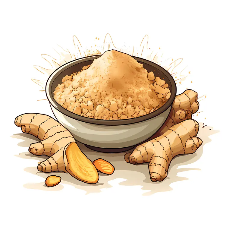 Ginger Root and Powder in Bowl Illustration