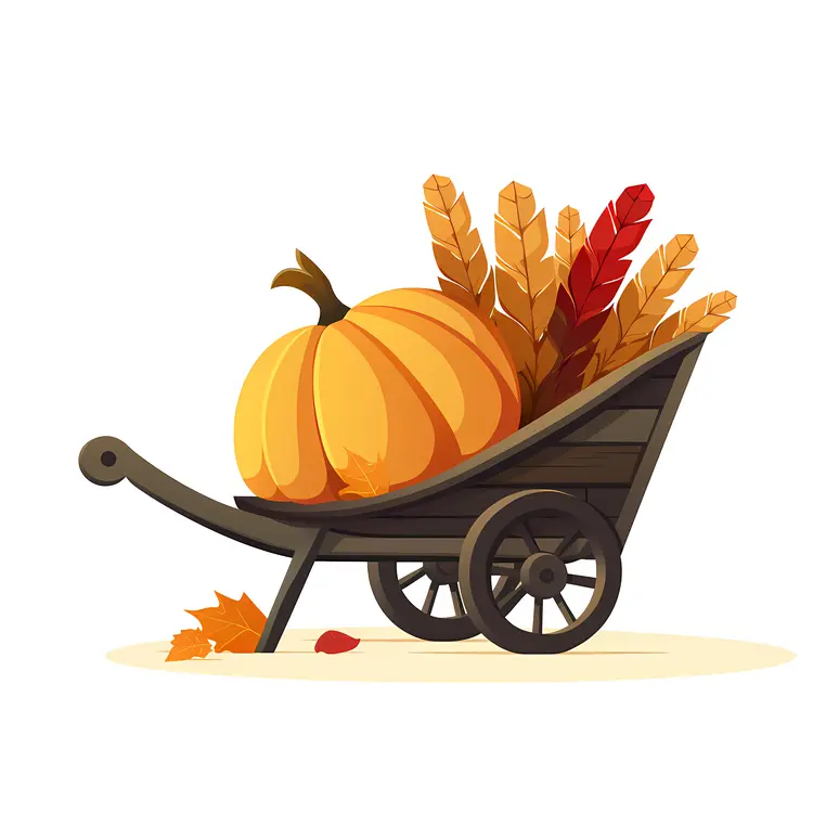 Pumpkin in Wheelbarrow with Autumn Leaves