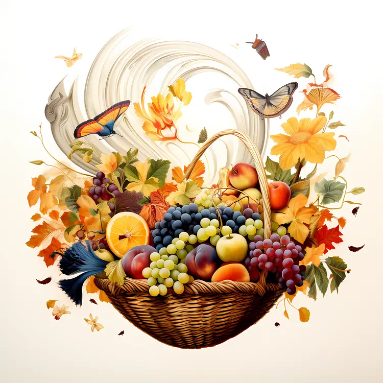 Autumn Harvest Fruit Basket with Grapes and Butterflies