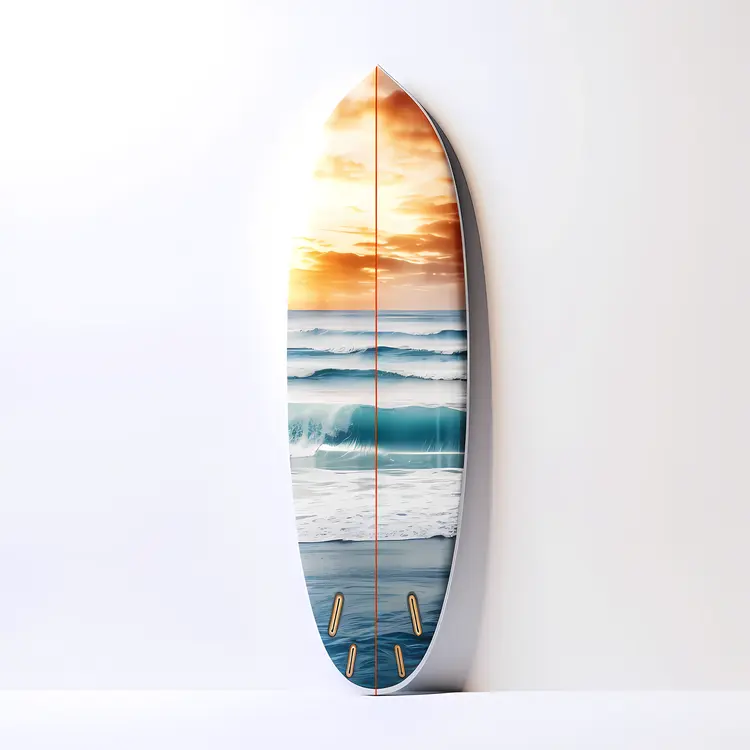 Surfboard with Sunset and Waves Design