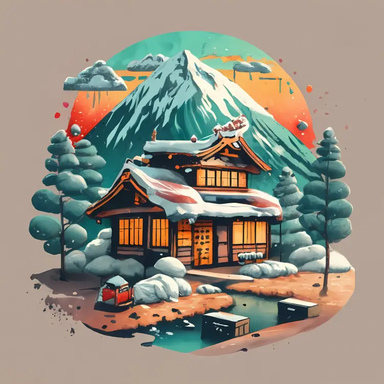 Snowy Japanese House with Mountain View