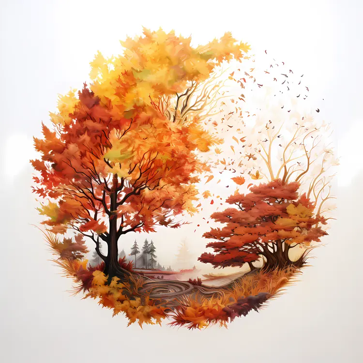 Autumn Tree with Path and Leaves