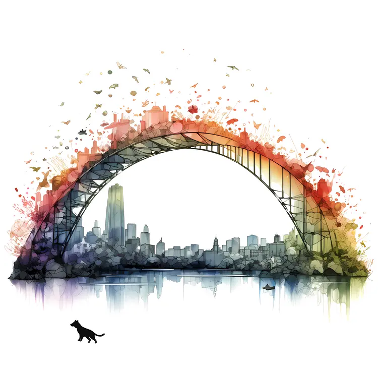 Colorful Bridge with Cityscape and Cat