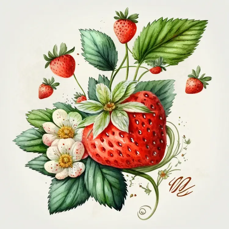 Beautiful Strawberry with Leaves and Flowers Illustration