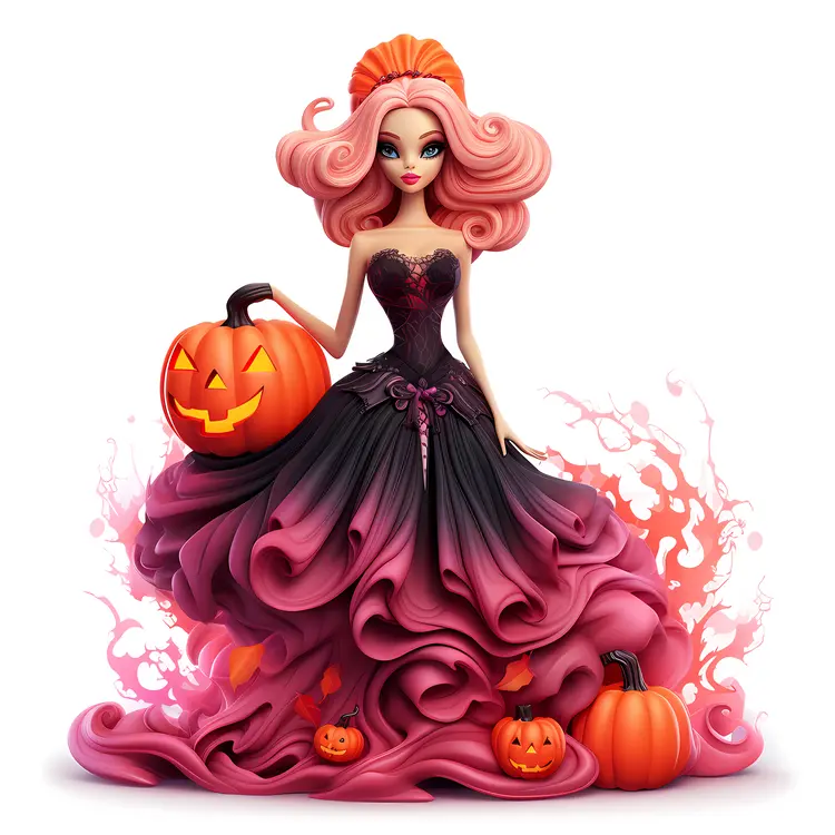 Pink-Haired Halloween Doll with Elegant Dress and Pumpkins