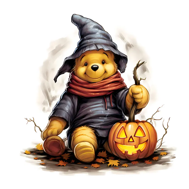Cute Bear in Witch Costume with Pumpkin for Halloween