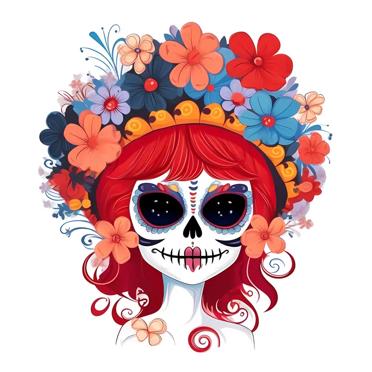Colorful Sugar Skull with Floral Headpiece for Day of the Dead Celebration
