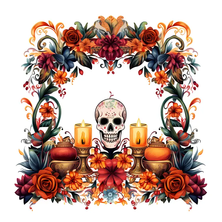 Colorful Decorated Skull with Flowers and Candles for Day of the Dead