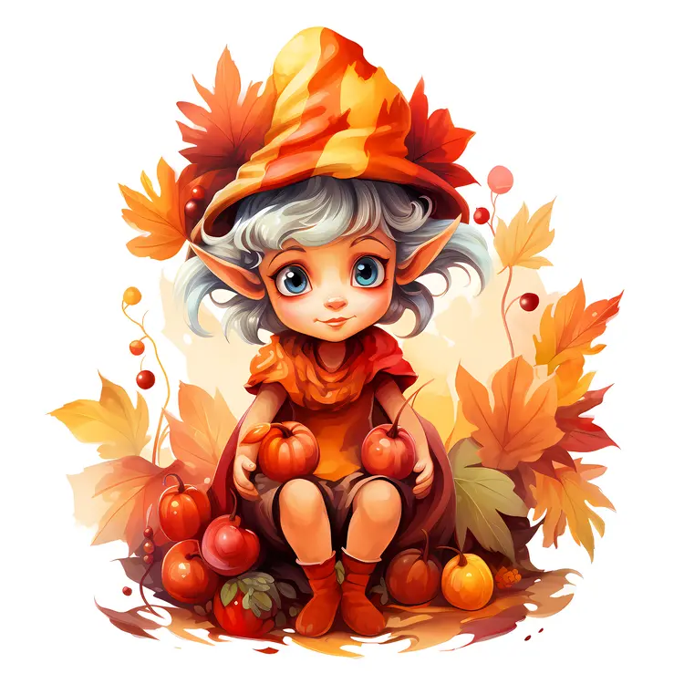 Cute Elf with Pumpkins and Autumn Leaves