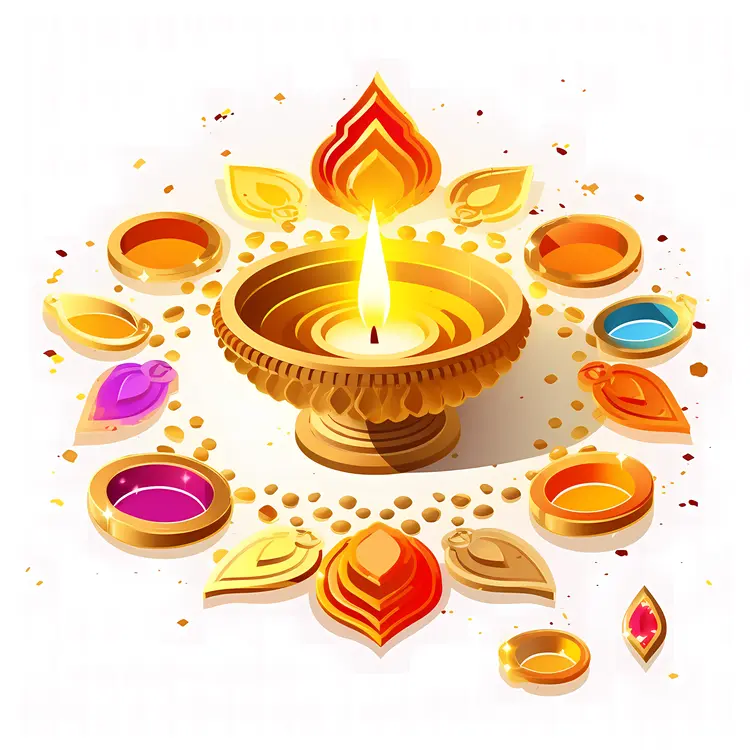 Golden Diya with Colorful Decorations for Diwali