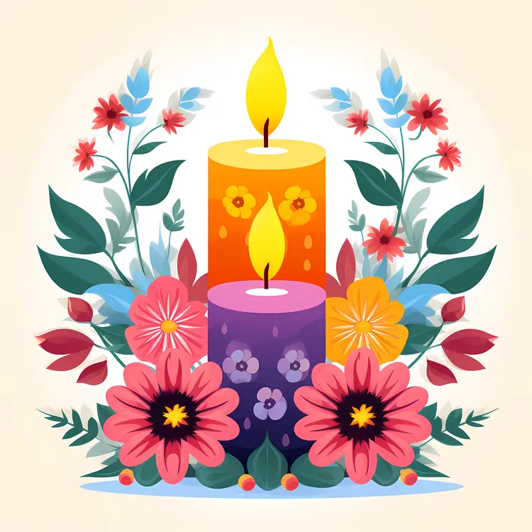Colorful Candles with Floral Arrangement for Day of the Dead Celebration