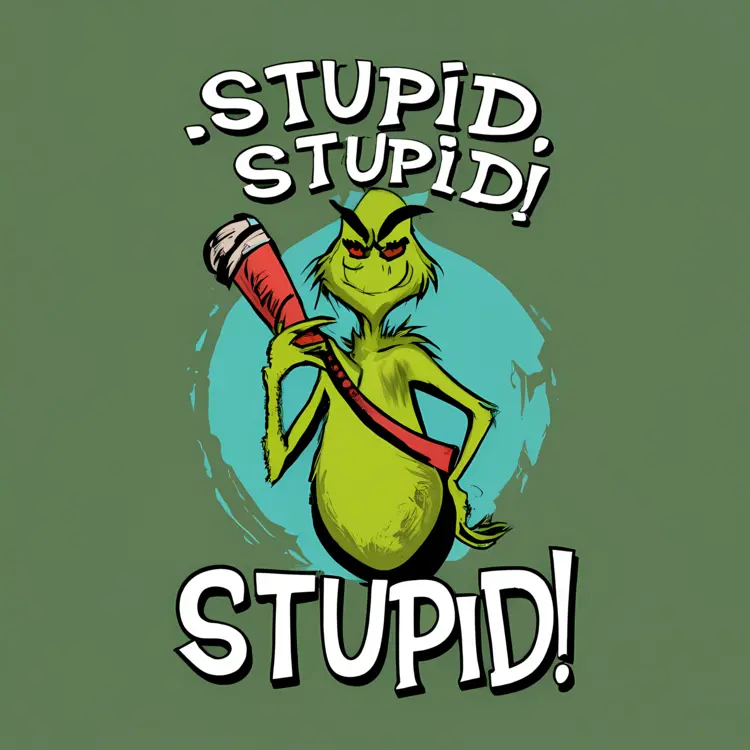 Grumpy Green Character with Santa Hat and 'Stupid Stupid Stupid' Text