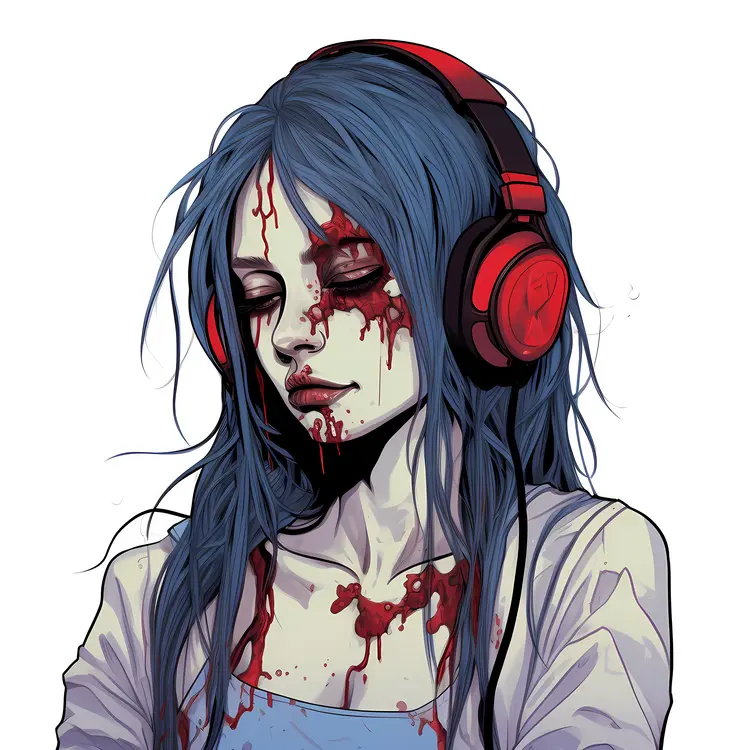 Zombie Girl with Red Headphones for Halloween